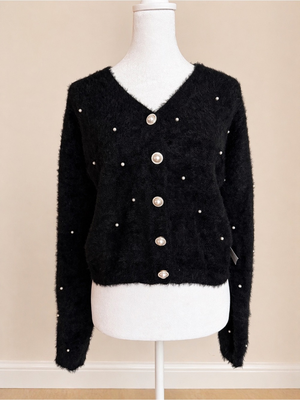 ARULA Black Pearl-Button Fuzzy V-Neck Cardigan